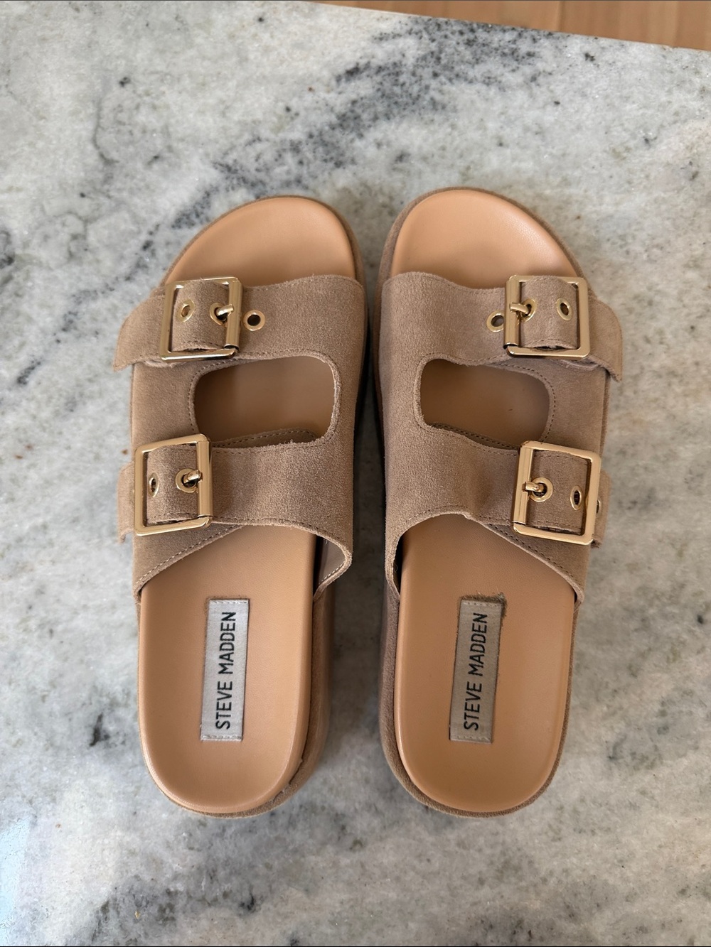 Steve Madden Women’s Taupe Suede Double-Buckle Slide Sandals - Picture 1 of 2